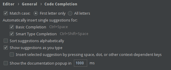 Code completion settings